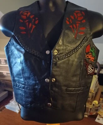 Black Leather Women's Motorcycle Vest Die Cut Roses + HD & Sturgis patches 2006 - Image 1 of 4