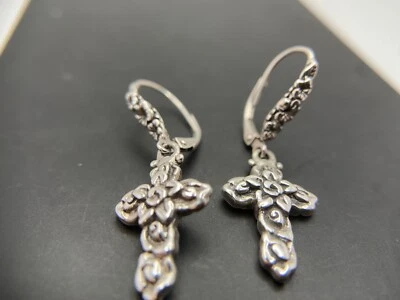 Sarda, Balinese Artisan Handcrafted,Sterling, Flower Embellished, Cross Earrings - Image 1 of 4