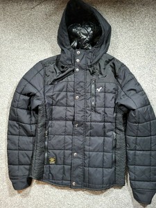 VOI JEANS GLANCE Type A-1 BLACK QUILTED JACKET COAT HOOD ZIP LINED.