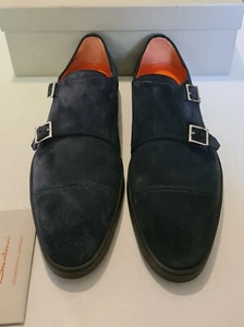 Santoni Atlantis Suede Leather Double Monk Strap Shoes Navy Size uk 10 eu 44 - Picture 1 of 7