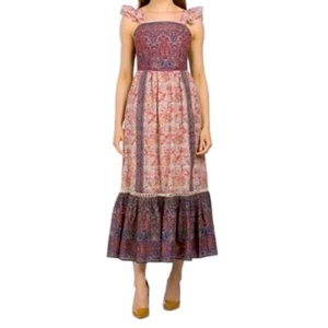 Haute Hippie Boho Cotton Paisley Ruffle Flutter Sleeve Maxi Dress Tie Back Sz 14 - Picture 1 of 10