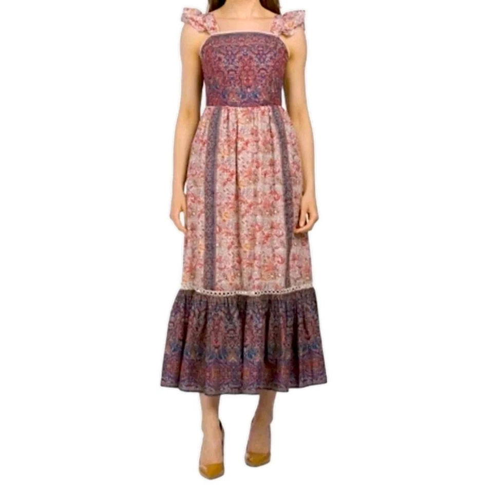 Haute Hippie Boho Cotton Paisley Ruffle Flutter Sleeve Maxi Dress Tie Back Sz 14 - Image 1 of 4