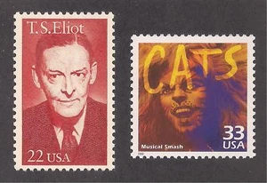 T.S. ELIOT - CATS BROADWAY MUSICAL - 2 U.S. POSTAGE STAMPS - MINT CONDITION - Imagen 1 de 1