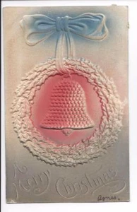 Christmas Postcard Heavy Embossed Airbrushed Bell in Wreath blue pink 1907 #92 - Picture 1 of 2