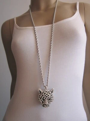 Damen Hals Kette Bettelkette lang Modekette Silber Strass Leopard Tiger Glitzer - Bild 1 von 4
