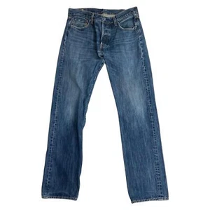 LEVIS PREMIUM BIG E RED TAB 501 LEATHER PATCH MID WASH JEANS BUTTON FLY 33W 34L - Picture 1 of 8