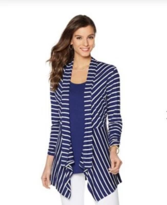 Cárdigan tejido drapeado a rayas azul marino y blanco Liz Lange M nuevo Foto 1 de 2