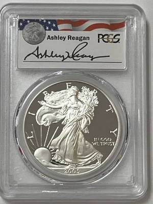 2005-W American Silver Eagle Coin PCGS PR-69 DCAM Signed Ashley Reagan Legacy - Image 1 of 2
