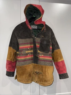 Jaqueta Masculina Vintage Otello Pelle Pequena Couro/Lã Color Block Bombeiro Fechos - Imagem 1 de 4