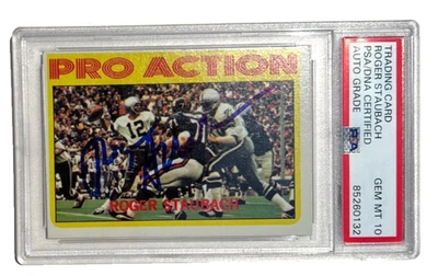 1972 Topps en acción #122 firmado por Roger Staubach RC Hof novato PSA automático 10 Foto 1 de 2