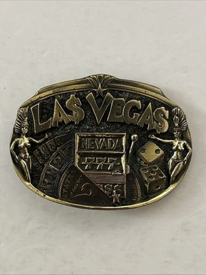 Las Vegas Nevada Juego Latón Hebilla Cinturón Ranuras Jackpot Dados Cinturón Tarjetas 1984 Foto 1 de 4