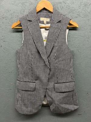 Michael Kors Linen Vest Women’s 4P Black White Gingham Plaid Sleeveless Blazer - Image 1 of 4