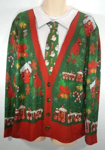 Faux Real Mens Large Ugly Christmas Xmas Tshirt Cardigan Shirt 1 Piece Print - Picture 1 of 8