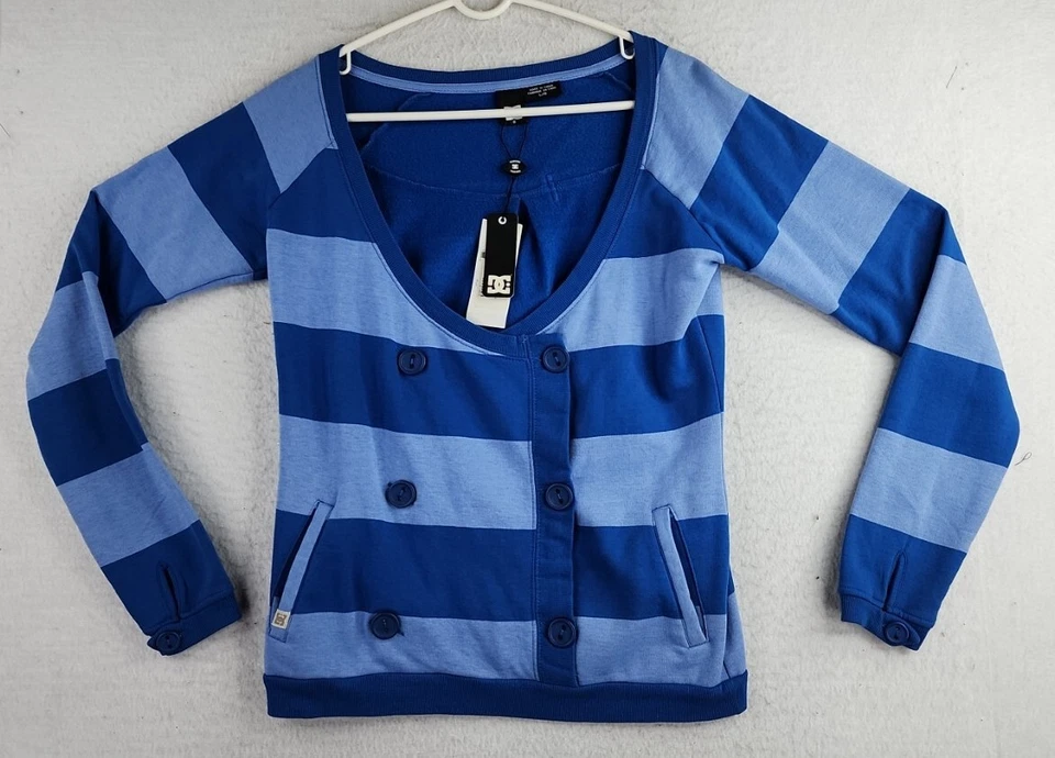 DC Shoes Blue Striped Button Front Regatta Jersey Sweater Womens Large - Image 1 of 4