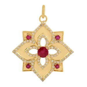 14K Gold Ruby & Diamond Lotus Pendant Star Flower Charm July Birthstone Jewelry - Picture 1 of 7