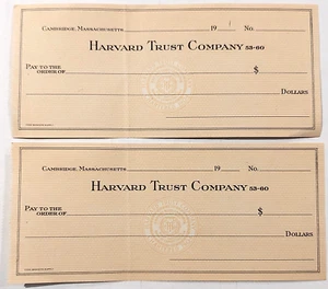 Lot of 2 Harvard Trust Company Cambridge MA Bank Check Vintage Blank - Picture 1 of 2