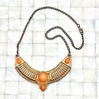 Orange & Brass Tone Plate Necklace Has Wear The Vintage Strand Lot #3280