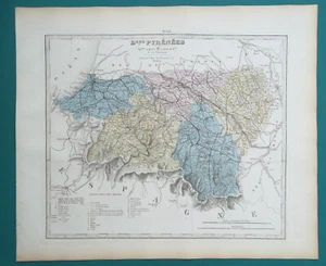 FRANKREICH Abteilung Pyrenäen Atlantiques Capital Pau- 1873 HERVORRAGENDE Karte 14x16" 36 x 41 cm - Bild 1 von 4