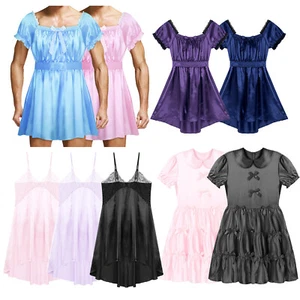Men's Sissy Crossdress Wet Look Satin Maid Lingerie Dress Neckline Nightwear - Picture 1 of 55