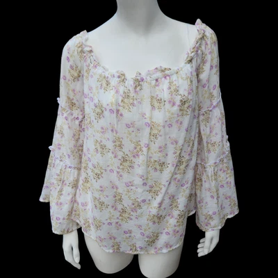 Blusa Rue21 Púrpura Marfil Floral Talla Grande Fuera del Hombro Mangas Campana Forrada Foto 1 de 4