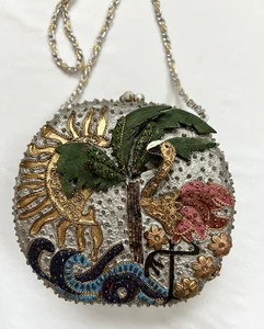 Borsa a tracolla Mary Frances con perline fenicottero palma sole borsa rigida vintage boho - Foto 1 di 24