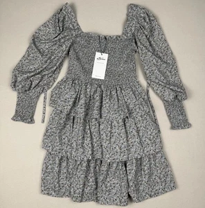 Byinns gesmoktes Rüschenkleid mit eckigem Ausschnitt Langarm Blumenmuster Puffärmel M - Bild 1 von 9