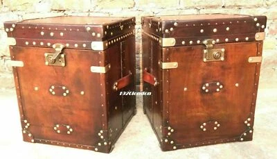 Pair Of Finest English Leather Antique Inspired Side Table Trunks Best Gift - Image 1 of 4
