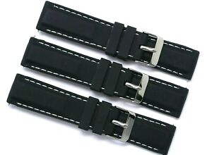 Lot of 3pcs 24mm Black Rubber White Stitching Watch Strap W/ Silver Tone Buckle