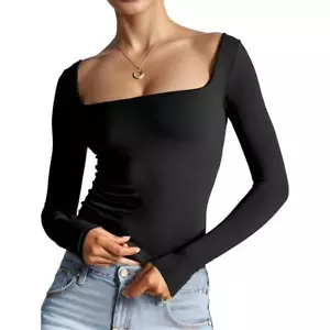 Sexy Womens T Shirt Square Neck Long Sleeve Slim Fitted Casual Basic Crop Tops - Picture 1 of 14