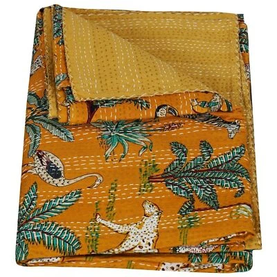 Jungle Print Handmade Cotton Throw Blanket Indian Bedding Bedspread Kantha Quilt - Image 1 of 4