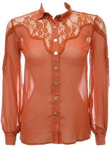 Camicia blusa donna pizzo giogo rosso corallo sexy top trasparente manica lunga venditore UK - Foto 1 di 2