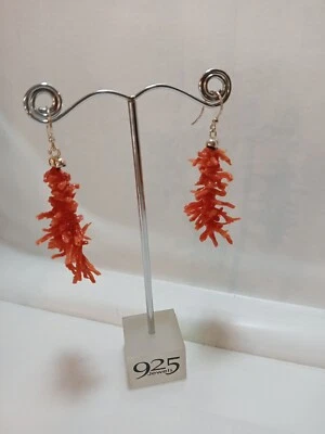 Orecchini Rami Di Corallo Montati Su Argento 925 Fatti A Mano - Immagine 1 di 4