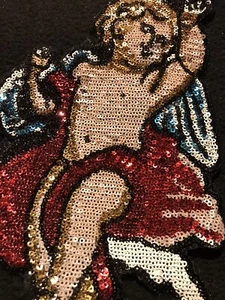 18x11cm Cherub Angel Sequin Sew On Cloth Patch Embroidery Applique Art Love - Picture 1 of 12