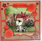 LARGER SQUARE HANDMADE CUTE PUPPY IN GARDEN  THEMED  HAPPY BIRTHDAY CARD
