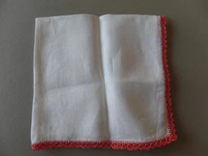 Vintage Off White Handkerchief 10.5" x 11" Pink Red Embroidered Lace Trim Linen - Picture 1 of 2
