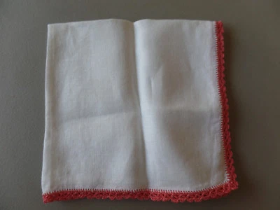 Vintage Off White Handkerchief 10.5" x 11" Pink Red Embroidered Lace Trim Linen - Image 1 of 2