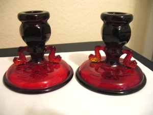 Fenton Amberina Ruby Red Dolphin Candle Sticks Candle Holders - Picture 1 of 3