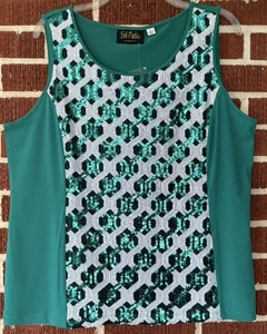 Camiseta sin mangas elástica sin mangas con lentejuelas verde azulado Art Top Bob Mackie - Imagen 1 de 5
