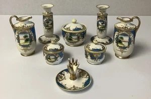 Noritake Komaru Blue & Gilt Landscape Set -Candlesticks, Jugs, Ring Holder, Pots - Picture 1 of 15