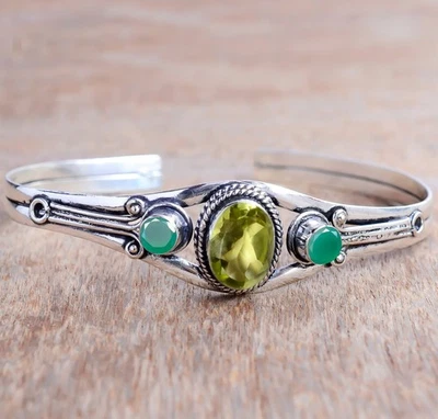 Peridot & Green Onyx Gemstone 925 Sterling Silver Bracelet Gift For Life Partner - Image 1 of 4