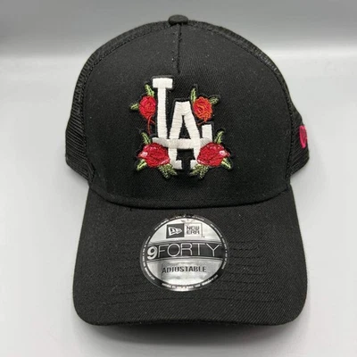 Los Angeles LA Dodgers Trucker Hat Men Black Floral 9Forty New Era Snap Back Cap - Image 1 of 4
