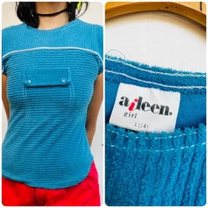 Vintage 70er 80er blau Retro gerippt Frottee Top - weicher kuscheliger Strick XS - Bild 1 von 9