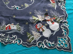 Holiday Christmas square tablecloth 33" holiday snowman embroidered blue………b8 - Picture 1 of 6