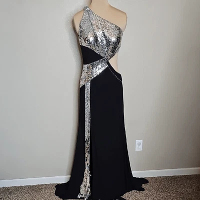 Sherri Hill One-Shoulder Cut Out Waist Black Silver Evening Gown Maxi Dress 14 - Image 1 of 4