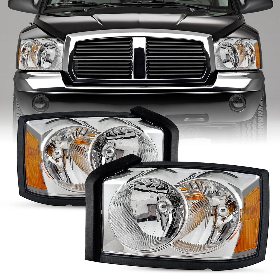 Left+Right For 2005 2006 2007 Dodge Dakota Headlights Chrome Amber Headlamps - Imagem 1 de 4