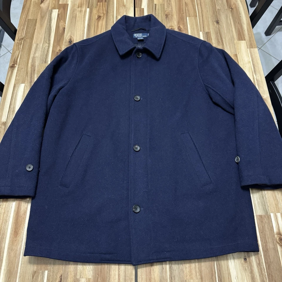 Abrigo Polo Ralph Lauren De Colección Para Hombres L Azul Marino Mezcla de Lana Cremallera Botón Trench Foto 1 de 4