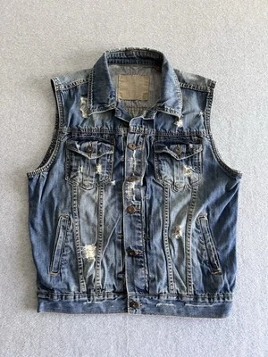 Vintage Denim Vest Escapism Acid Washed Sz M Y2K 90s Factory Distressed - Image 1 of 4