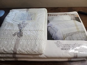 VTG Queen Wamsutta Supercale Plus White Lace Flat Sheet Fitted Sheet Pillowcases - Picture 1 of 8