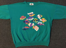 Vtg 90s Abstract Fishes Short Sleeve Sweatshirt USA Art Sea Beach Vaporwave 80s