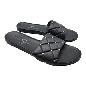 Jessica Simpson Damenschuhe Größe 8,5 schwarz Pantolette Sandale gesteppt goldene Perlenriemen - Bild 1 von 7